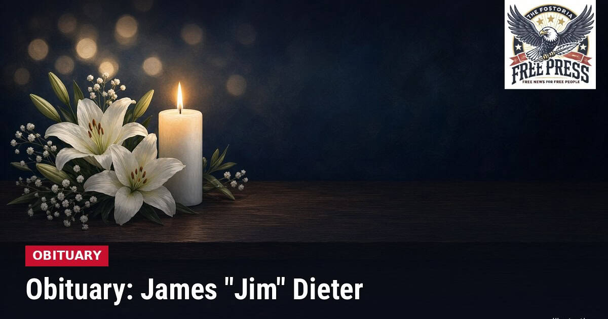 Fostoria News Memorial candle with white lilies for James 'Jim' Dieter obituary.